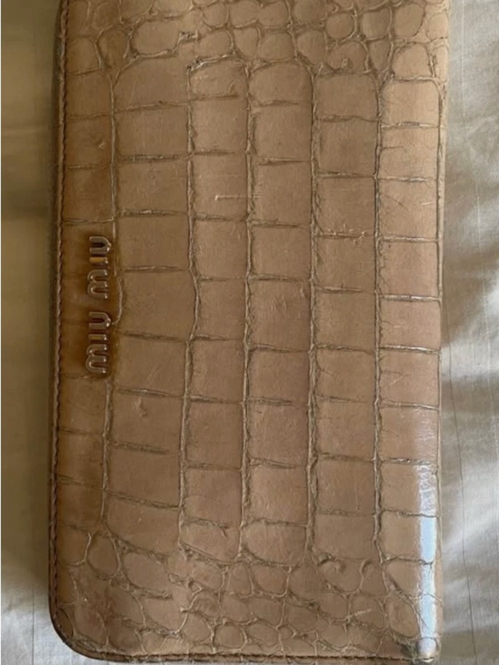 Miu Miu Beige Croc-Embossed Leather Zip Around Wallet